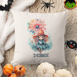 Custom Cute Girly Pink Witch Watercolor Halloween  Cushion