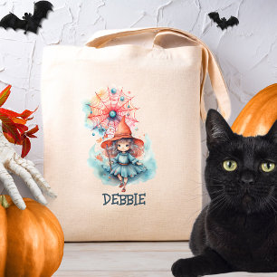 Custom Cute Girly Pink Witch Watercolor Halloween  Tote Bag