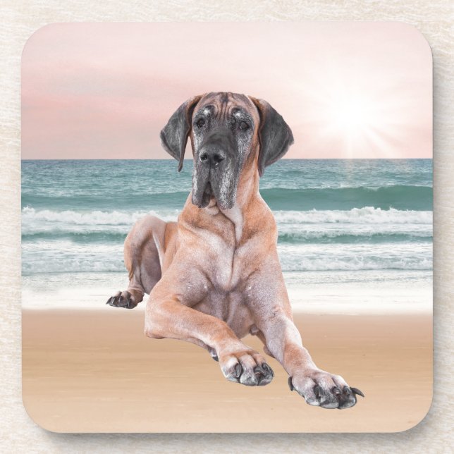 Custom Cute Great Dane Dog Sitting on Beach Coaster (Front)