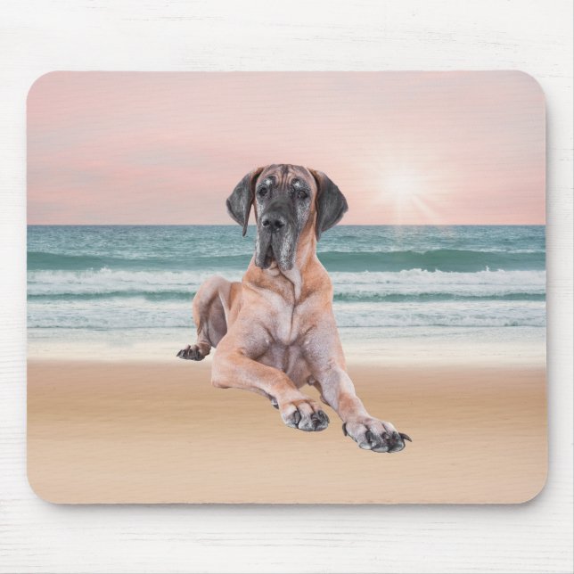 Custom Cute Great Dane Dog Sitting on Beach Mouse Mat (Front)