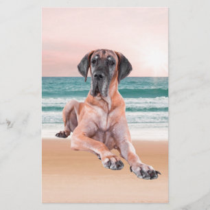 Custom Cute Great Dane Dog Sitting on Beach Stationery