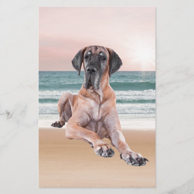 Custom Cute Great Dane Dog Sitting on Beach Stationery (Front)