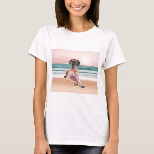 Custom Cute Great Dane Dog Sitting on Beach T-Shirt