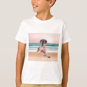 Custom Cute Great Dane Dog Sitting on Beach T-Shirt