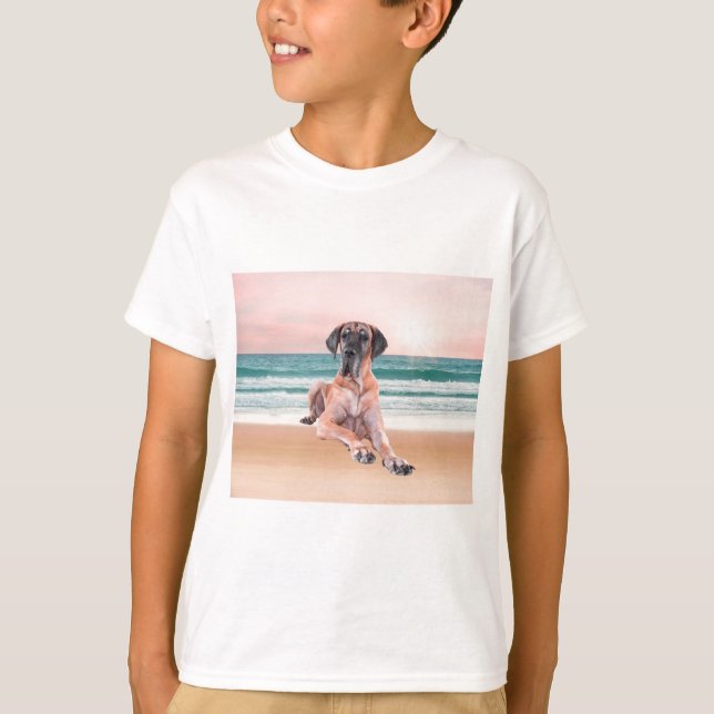 Custom Cute Great Dane Dog Sitting on Beach T-Shirt (Front)