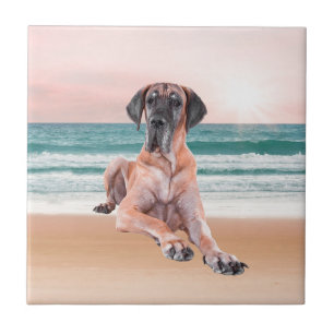 Custom Cute Great Dane Dog Sitting on Beach Tile