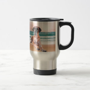 Custom Cute Great Dane Dog Sitting on Beach Travel Mug