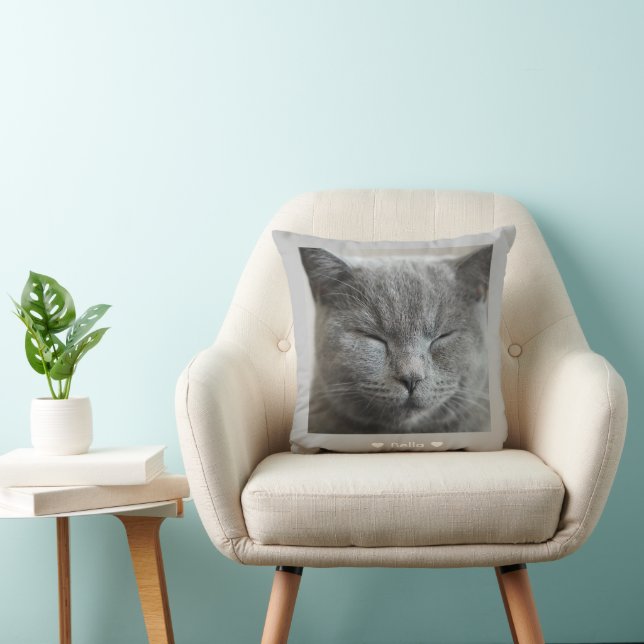 Custom Cute Grey Kitty face Photo Throw Pillow (Chair)