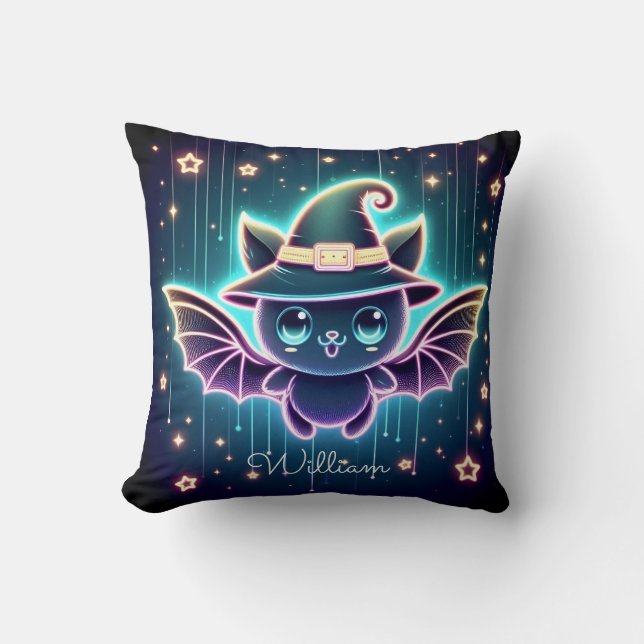 Custom Cute Halloween Bat With Witch's Hat Nursery Cushion (Front)