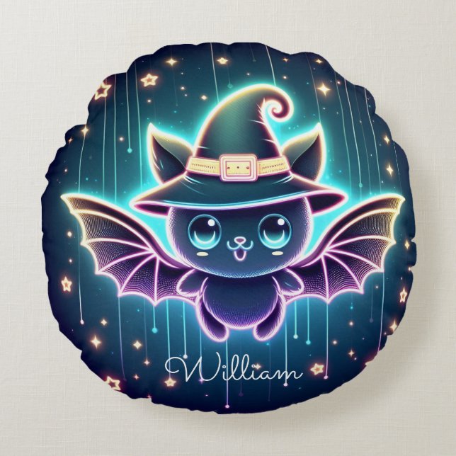 Custom Cute Halloween Bat With Witch's Hat Nursery Round Cushion (Front)