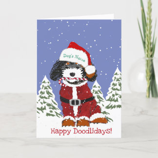 Custom Cute Hand Drawn Bernedoodle Santa Dog Holiday Card
