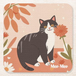 Custom Cute Happy Cat with Spring Flowers Square Paper Coaster