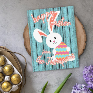 Custom Cute Happy Easter Bunny with Coloured Egg Holiday Card