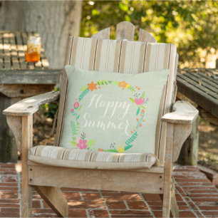Custom Cute Happy Summer Flowers Leaves Wreath Cushion