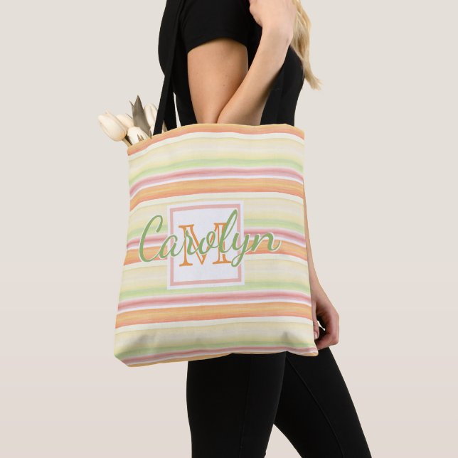 Custom Cute Happy Sunny Summer Watercolor Stripes Tote Bag (Close Up)