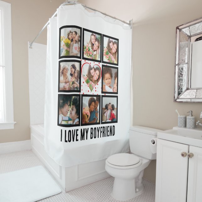 Custom Cute I love my boyfriend 9 Photo collage Shower Curtain (In Situ)