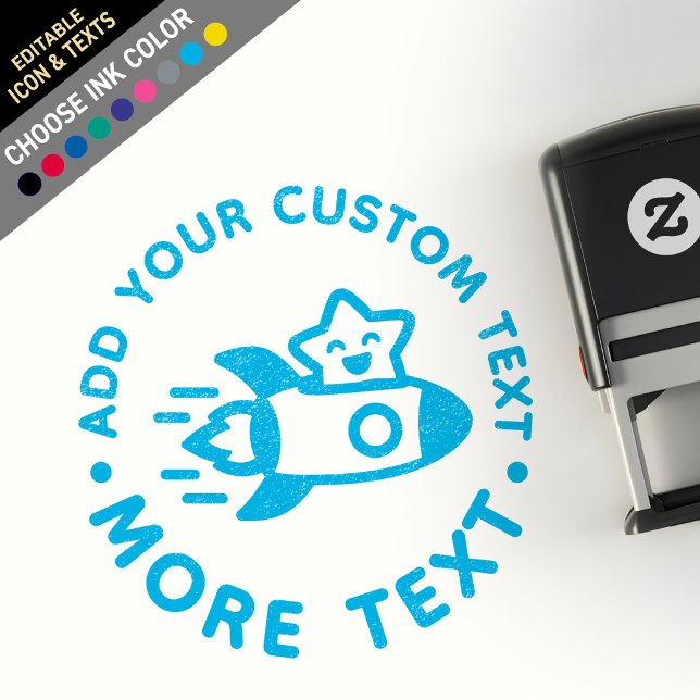 Custom Cute Kawaii Chibi Lo-Fi Space Rocket Star Self-inking Stamp (Variety of ink pad colors: Editable Cute Kawaii Neurodivergent Rocketship Progress Star Approval)