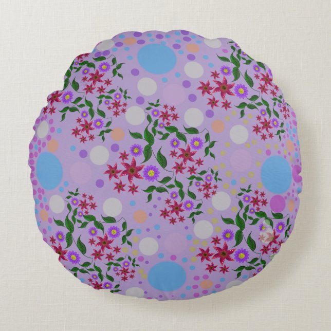 Custom Cute Kidcore Confetti Floral & Vine Pattern Round Cushion (Front)