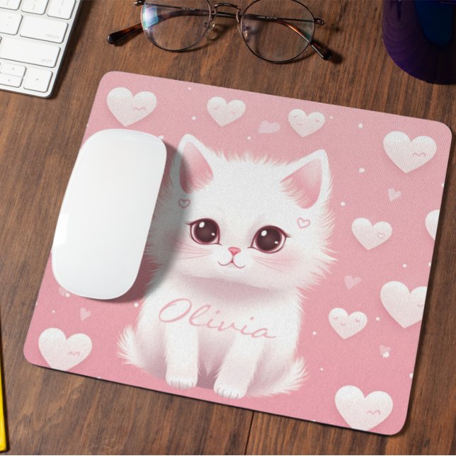 Custom Cute Kitten Valentine's Day White Pink  Mouse Mat (Creator Uploaded)