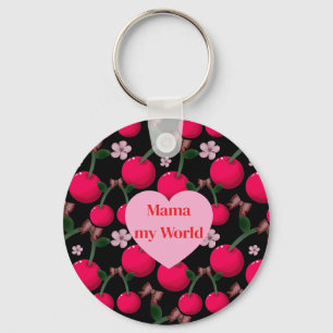 Custom cute Mama My World Floral Cherry Heart Key Ring