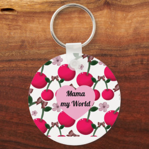 Custom Cute Mama My World Floral Cherry Heart Key Ring