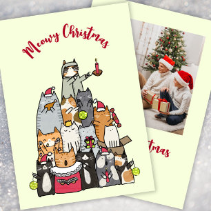 Custom Cute Meowy Christmas Cartoon Cats Photo Holiday Card