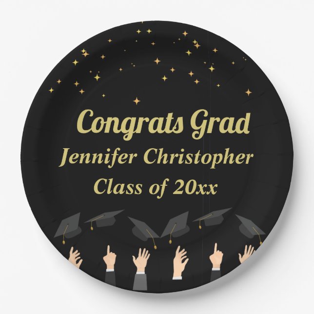 Custom Cute modern Classic Black & Gold Graduation Paper Plate (Front)