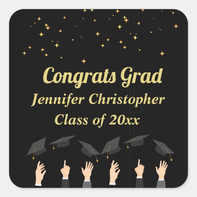 Custom Cute modern Classic Black & Gold Graduation Square Sticker (Front)
