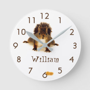 Custom cute nosy red squirrel in snow round clock