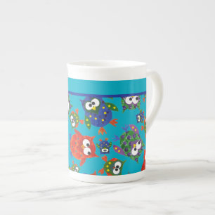 Custom Cute Owls Bone China Mug, Turquoise Blue Mug