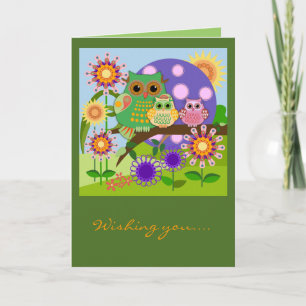 Custom Cute Owls Floral Birthday card w Text