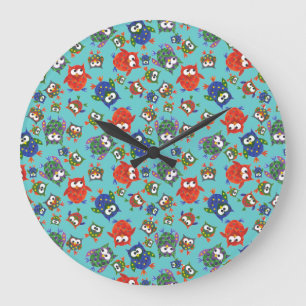 Custom Cute Owls Round Wall Clock: Red Blue Green Large Clock