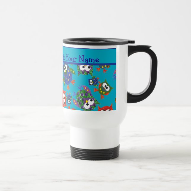 Custom Cute Owls Travel Mug, Red, Blue, Green Mug (Right)