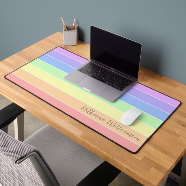 Custom Cute Pastel Rainbow Colourful Stripes Desk Mat (Office 2)
