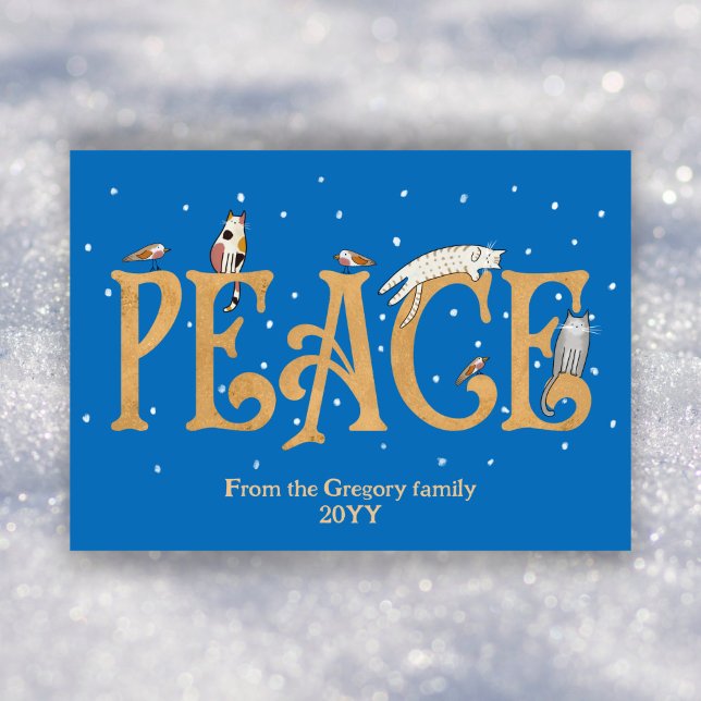Custom Cute Peace Cats Birds Snow Cartoon  Holiday Card (Creator Uploaded)