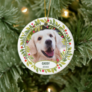 Custom Cute Pet Photo 1st Christmas On Holly Berry Ceramic Tree Decoration