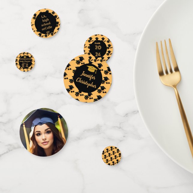 Custom cute photo Script Black & Yellow Graduation Confetti (Group)