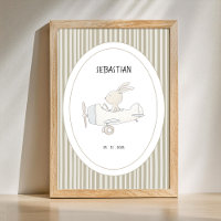 Custom Cute Pilot Bunny Nursery Name Date Poster