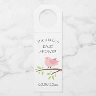 Custom cute pink bird girl's baby shower party bottle tag