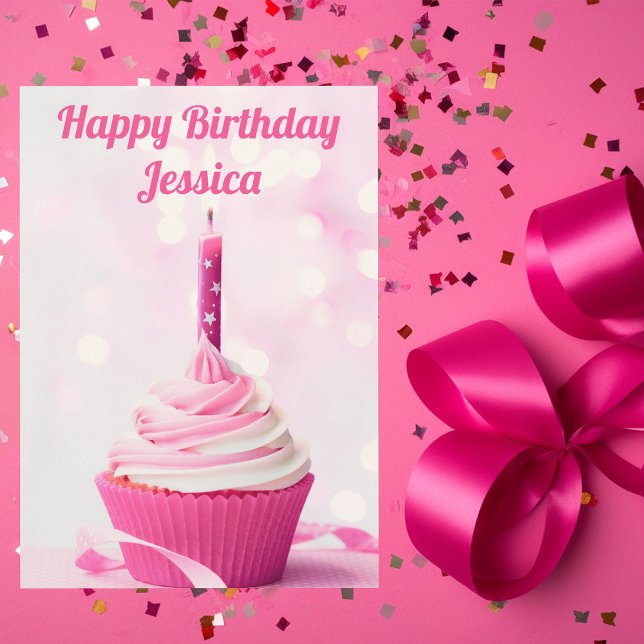 Custom Cute Pink Cupcake Photo Happy Birthday Card (Creator Uploaded)