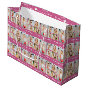 Custom Cute Pink Happy Birthday Photo Collage Large Gift Bag