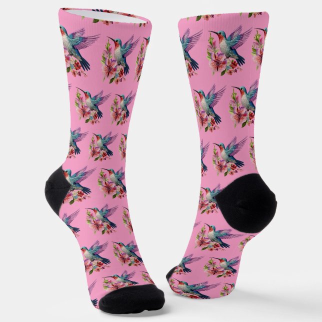 Custom Cute Pink Purple Hummingbird Photo Socks (Angled)