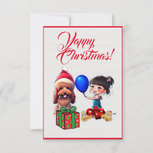 Custom Cute Poodle Dog With  Girl Xmas Card