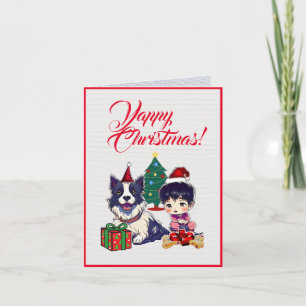 Custom Cute Pug Dog With Little Girl Christmas Card