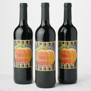 Custom Cute Pumpkin Orange Green Stripes Pattern Wine Label