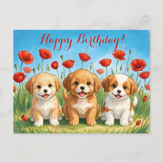 Custom Cute Puppies & Red Poppies Happy Birthday Holiday Postcard