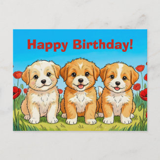 Custom Cute Puppies & Red Poppies Happy Birthday Holiday Postcard