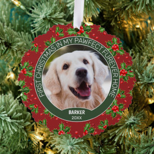 Custom Cute Puppy Photo On Green Holly Red Berry Tree Decoration Card