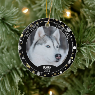 Custom Cute Puppy Photo On White Gold Snowflakes Ceramic Tree Decoration