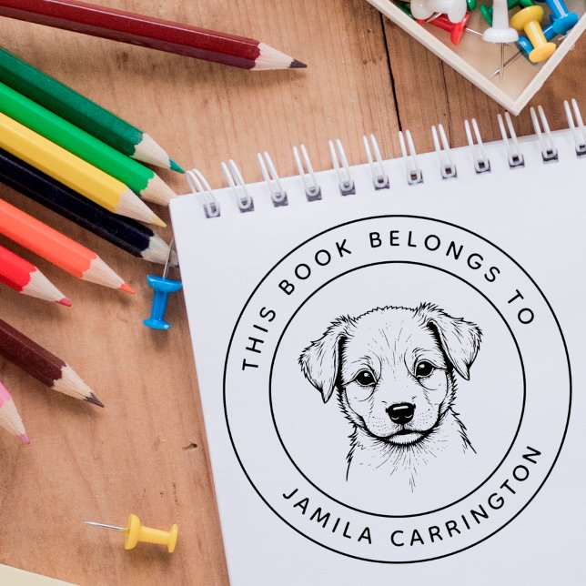 Custom Cute Puppy This Book Belongs To Kid's Name Self-inking Stamp (Creator Uploaded)